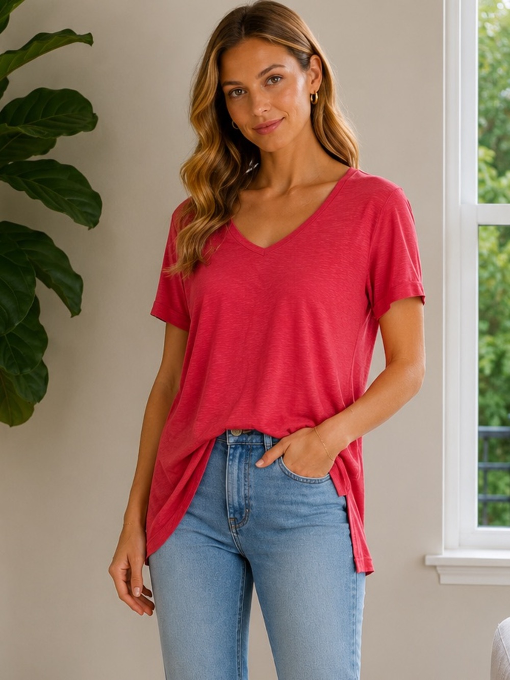 J. Jill Pima Shirttail Tunic V-neck Top Deep Coral Orange Cotton size Medium